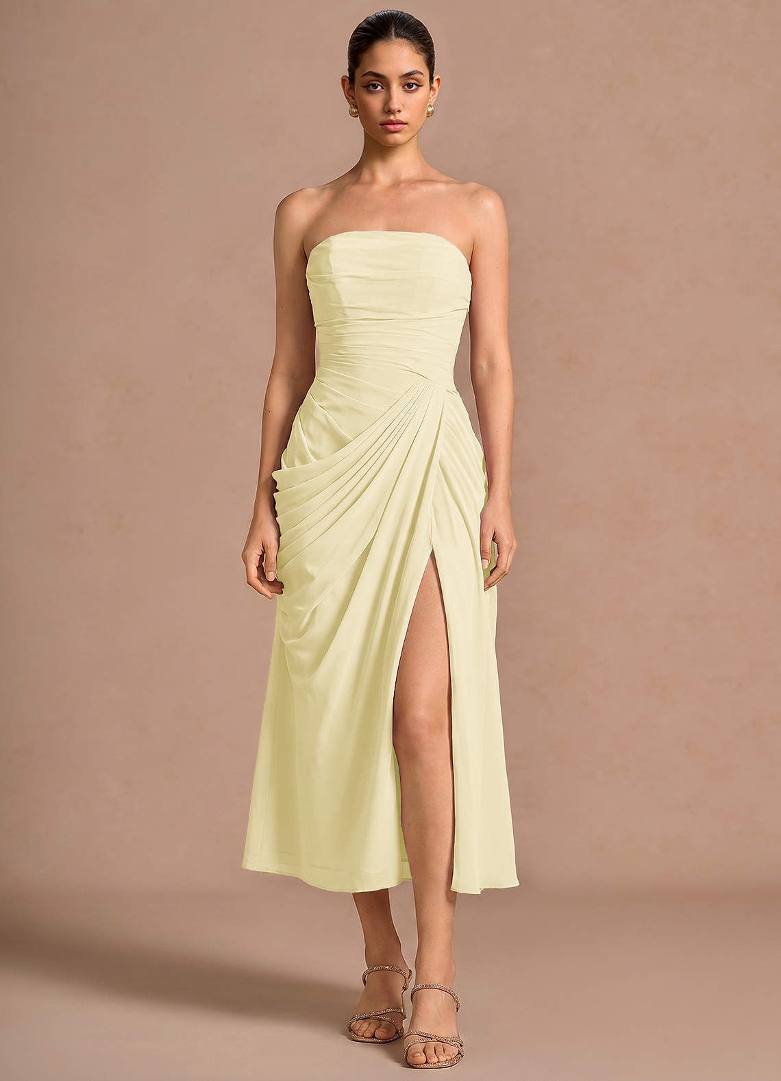 Kaavia Column Pleated Chiffon Midi Evening Dress in Butter Yellow
