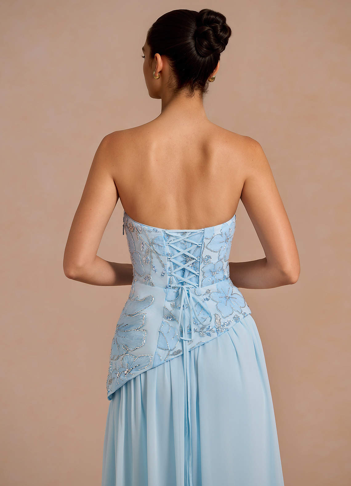 Galatea Sky Blue A-Line Floral Chiffon Evening Dress in Sky Blue