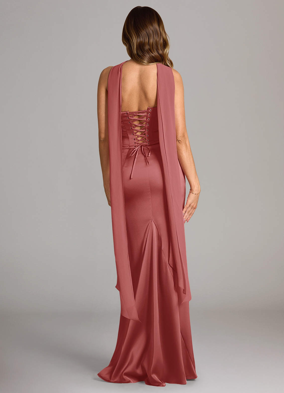 Sorrel Mermaid Cowl-Neck Stretch Satin and Chiffon Bridesmaid Dress in Antique Rose