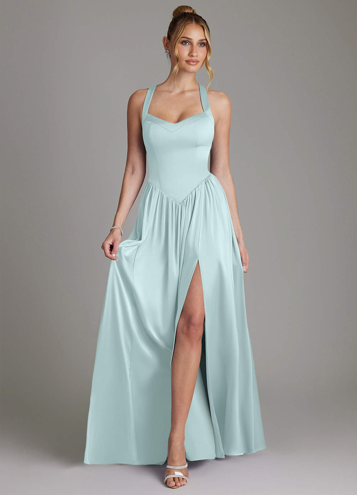 Francis A-Line V-Neck Stretch Satin Bridesmaid Dress in Sea Glass