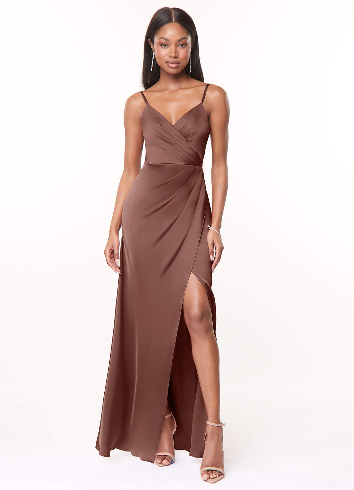Maci A-Line V-Neck Stretch Satin Bridesmaid Dress in Espresso