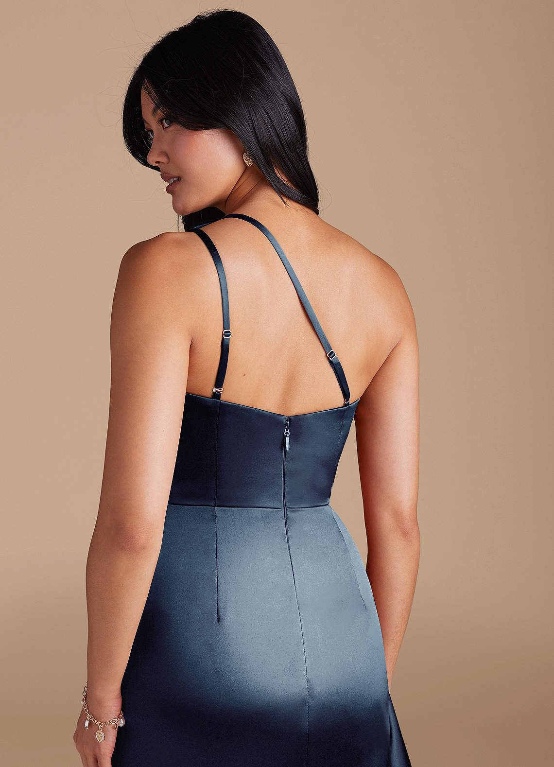 Latrice Sheath One-Shoulder Metallic Satin Bridesmaid Dress in Dark Navy