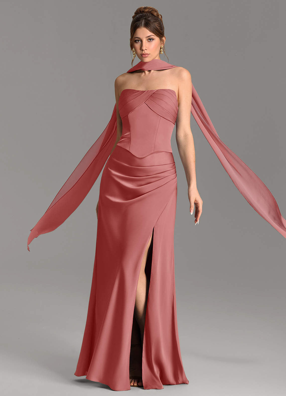Nicki Sheath Scoop-Neck Stretch Satin Bridesmaid Dress in Antique Rose