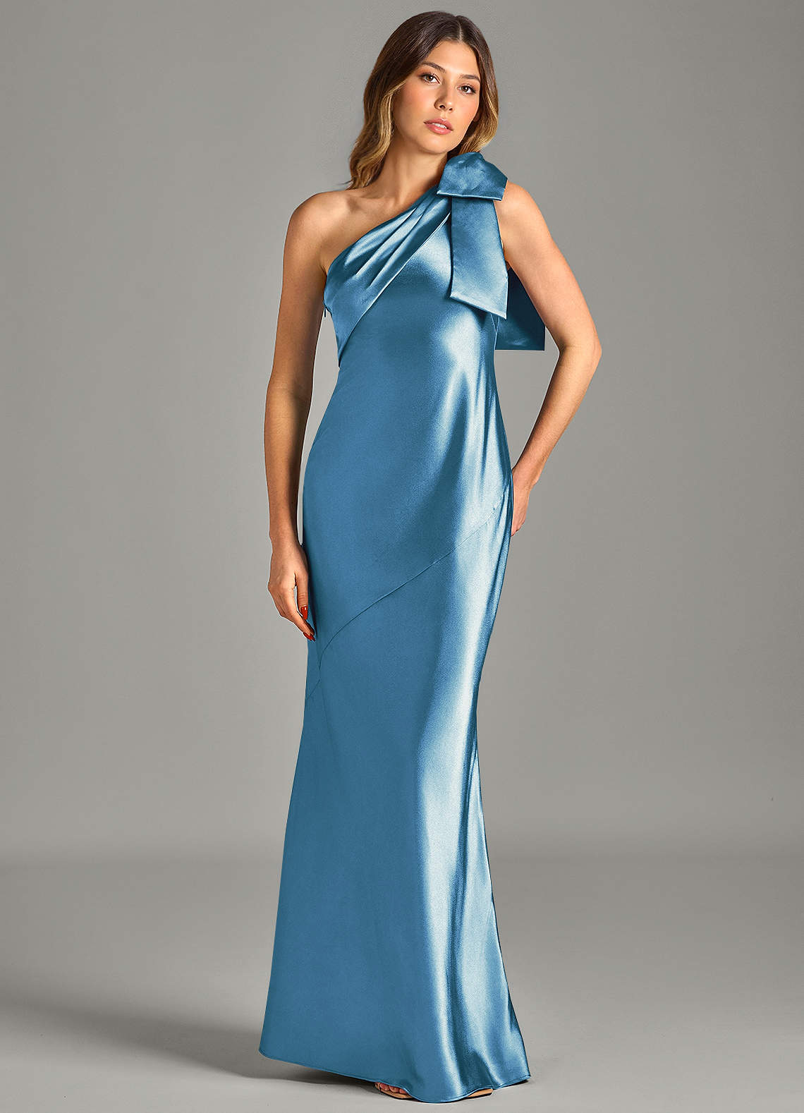 Yuanna Mermaid One-Shoulder Metallic Satin Bridesmaid Dress in Steel Blue