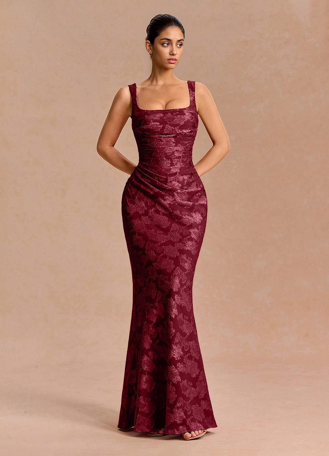 Agustina Square-Neck Pleated Fil Coupé Evening Dress in Wine