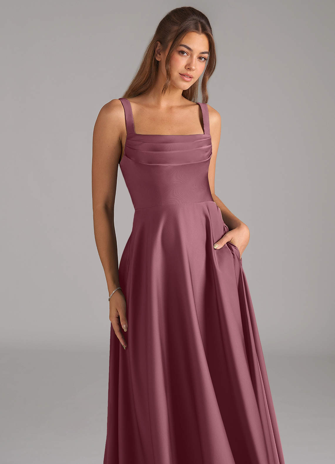 Shaude A-Line Square-Neck Stretch Satin Bridesmaid Dress in Desert Rose