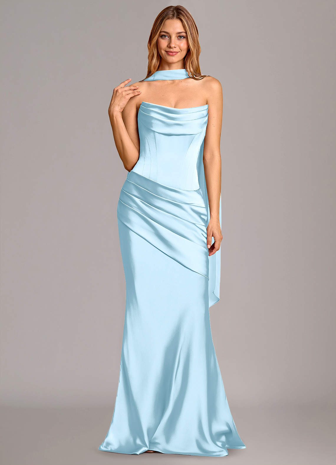 Pelagia Mermaid Cowl-Neck Stretch Satin Bridesmaid Dress in Sky Blue