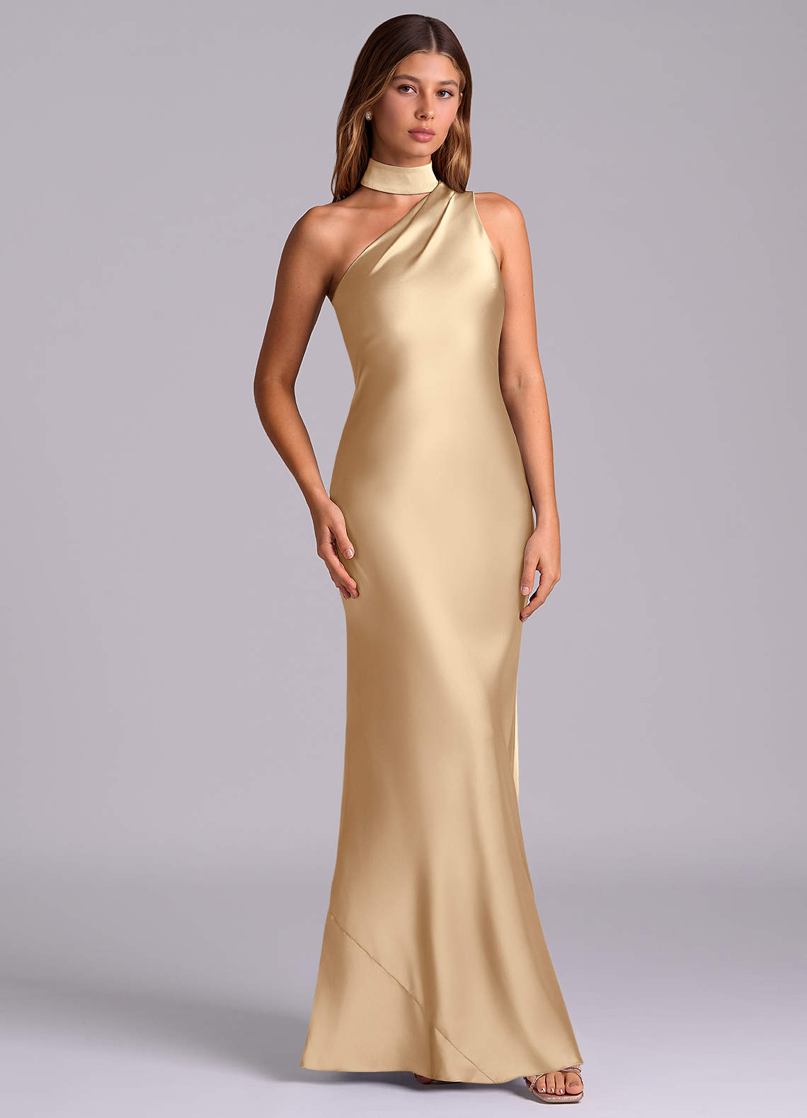 Seona Mermaid One-Shoulder Stretch Satin and Tulle Bridesmaid Dress in Champagne