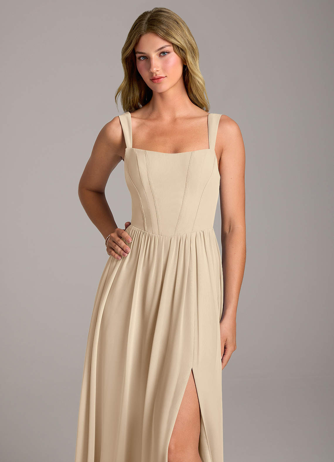 Rosaline A-Line Square-Neck Chiffon Bridesmaid Dress in Champagne