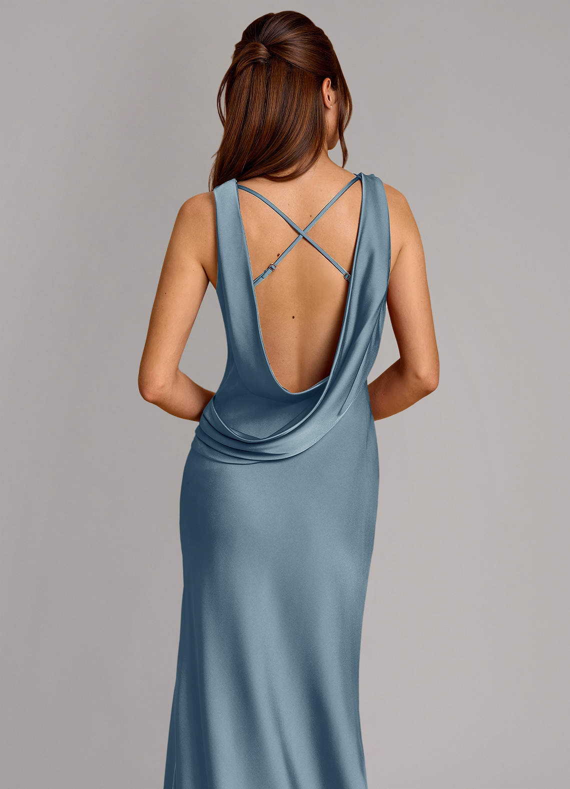 Cheryl Mermaid Cowl-Neck Stretch Satin Bridesmaid Dress in dusty blue
