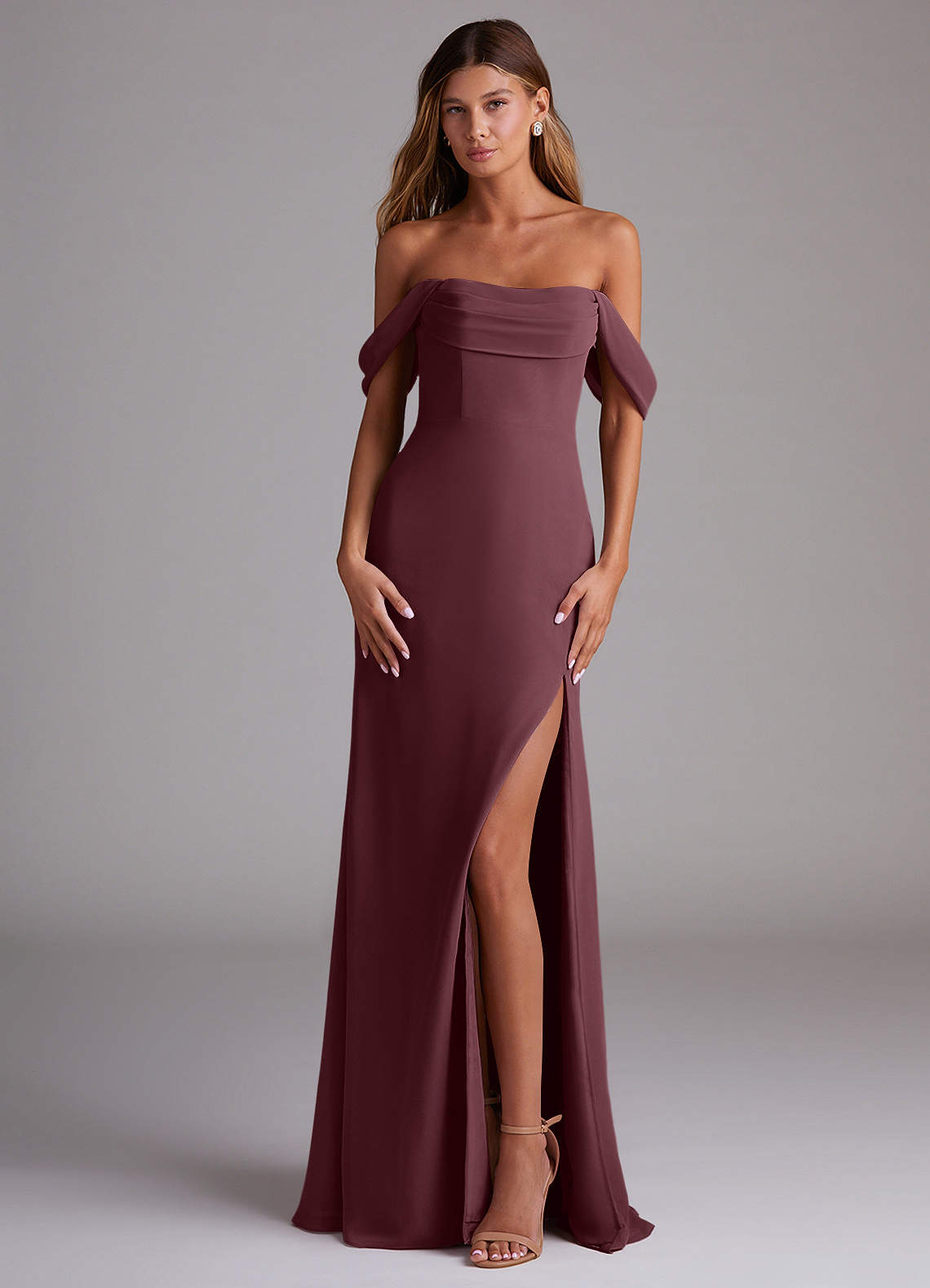 Saige A-Line Off-the-Shoulder Chiffon Bridesmaid Dress in Sangria