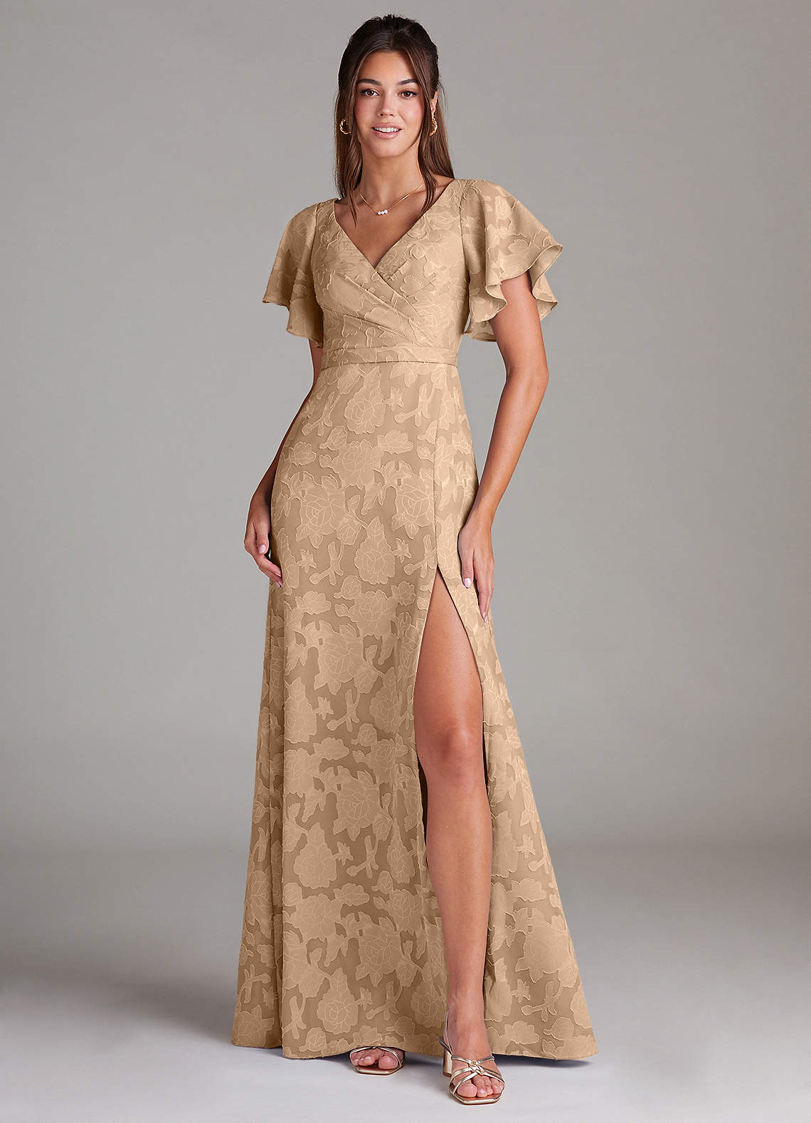 Ambrosia A-Line V-Neck Floral Burnout Bridesmaid Dress in Champagne