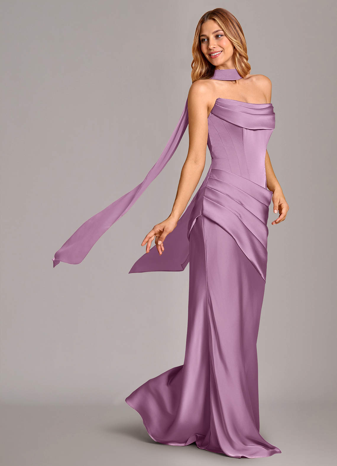 Pelagia Mermaid Cowl-Neck Stretch Satin Bridesmaid Dress in Wisteria