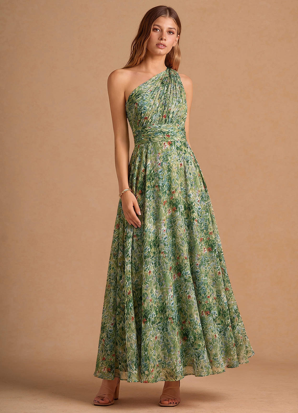 Noelle A-Line Twisted-Shoulder Chiffon Wedding Guest Dress in Truffle