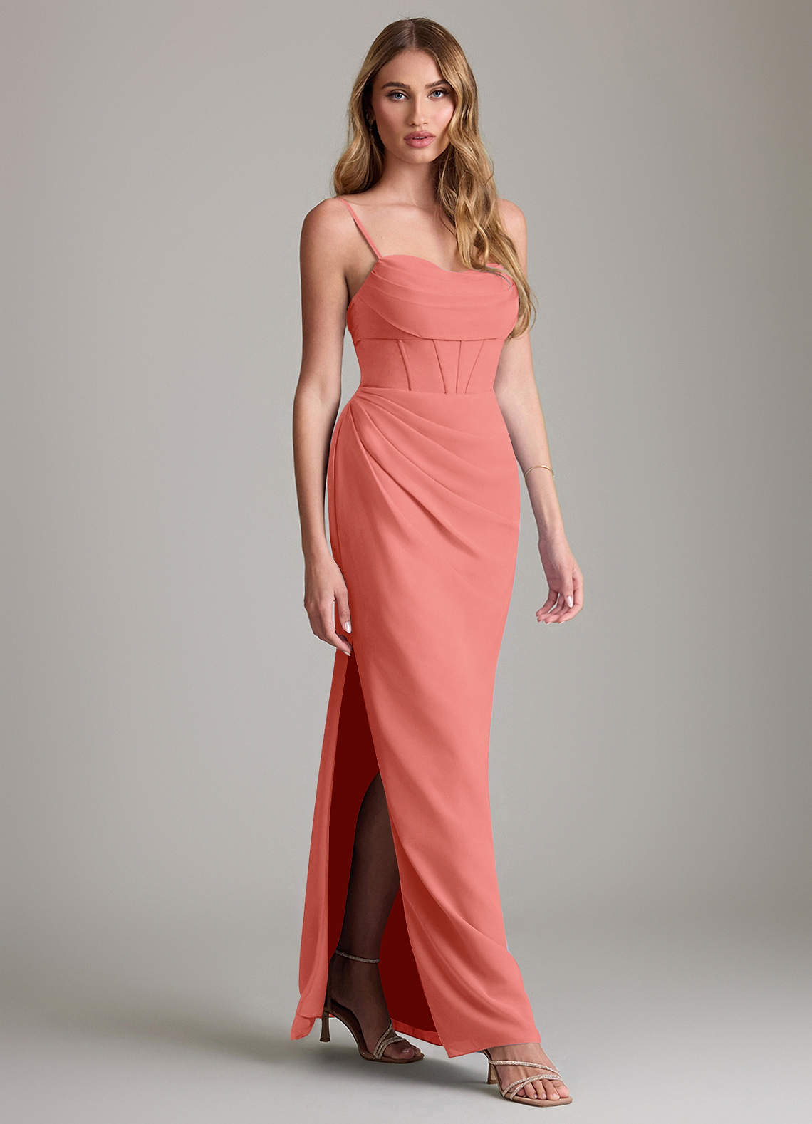 Mai Sheath Cowl-Neck Chiffon Bridesmaid Dress in Salmon Pink
