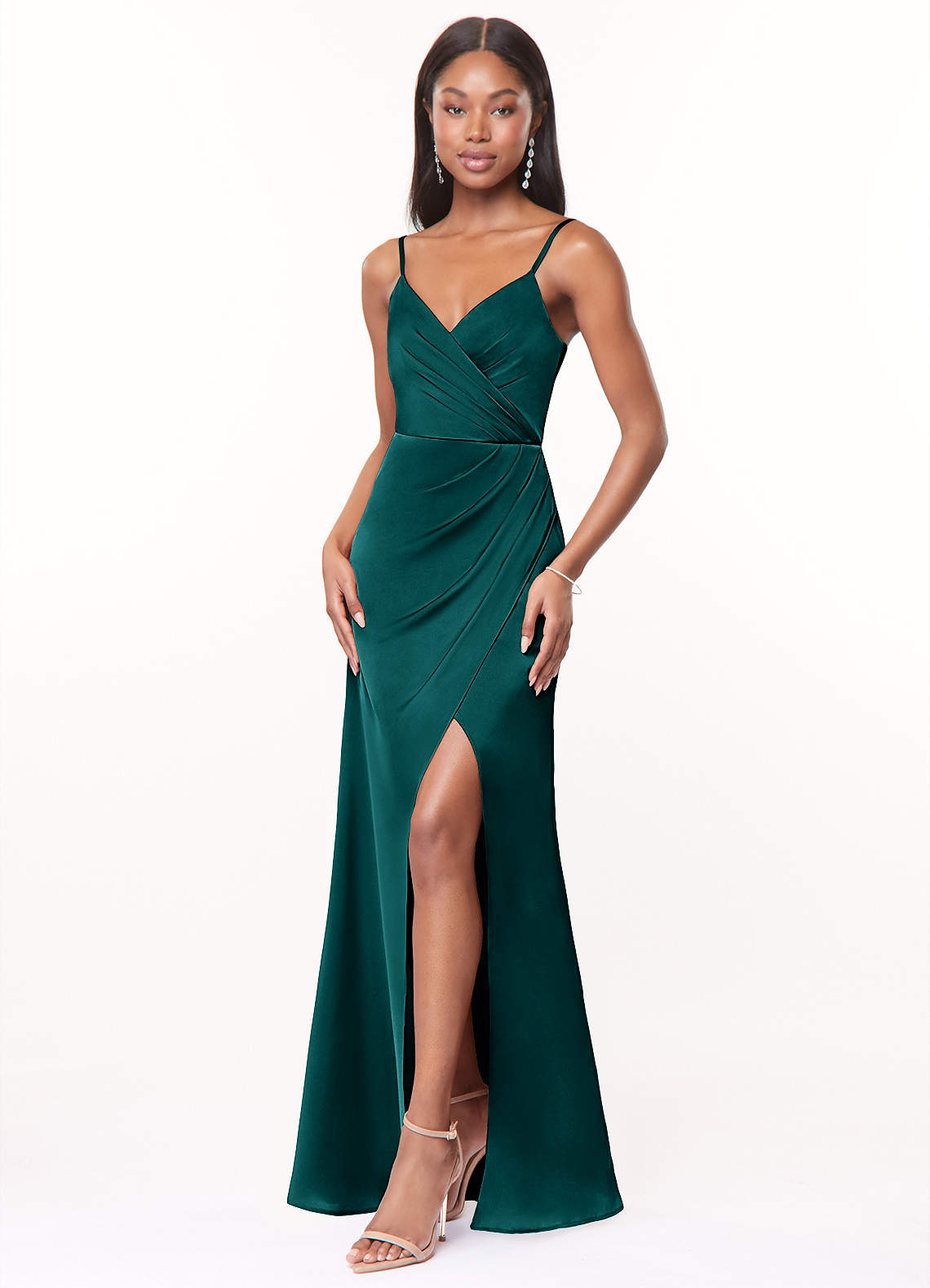 Maci A-Line V-Neck Stretch Satin Bridesmaid Dress in Peacock