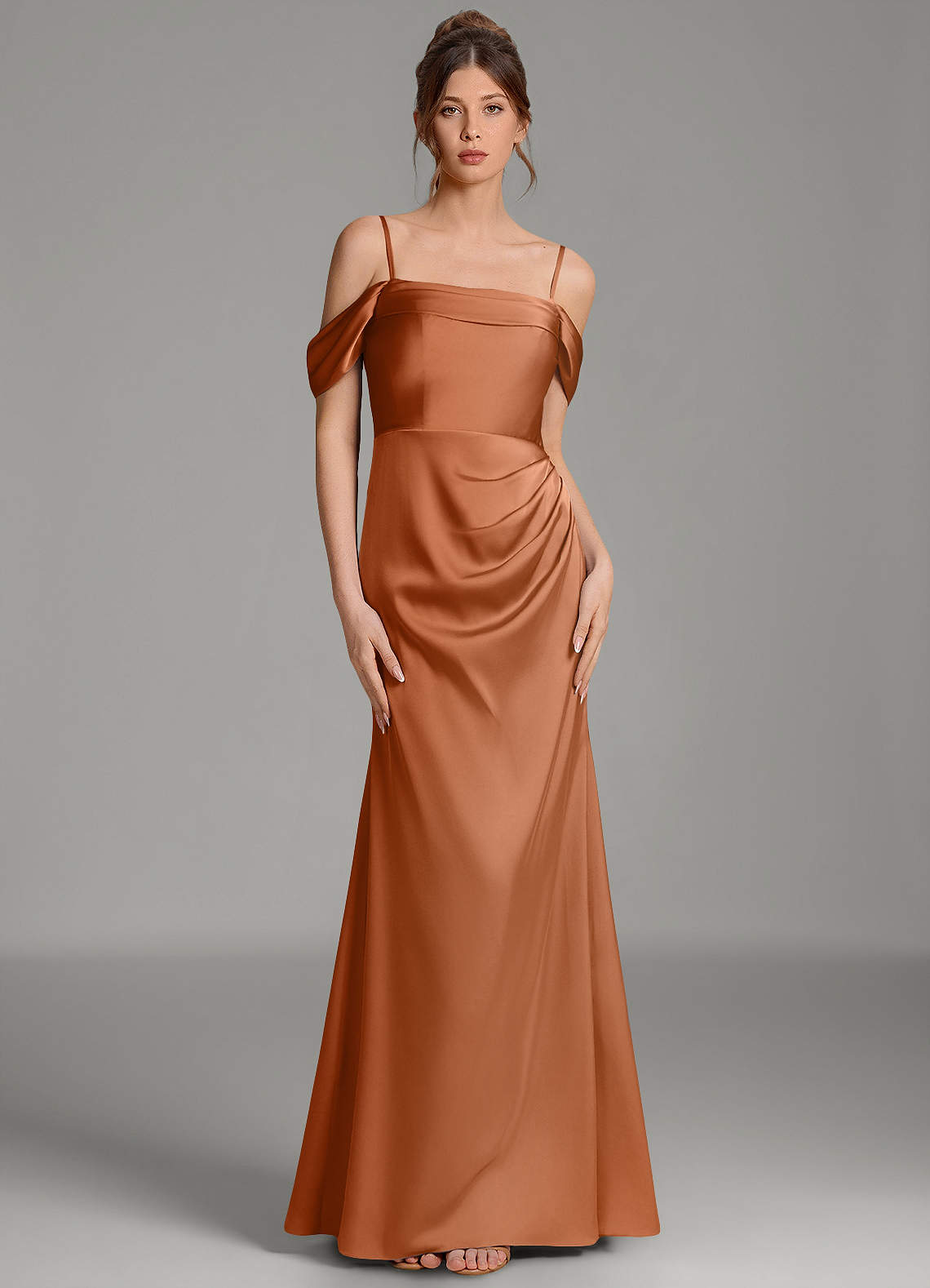 Wyatt Mermaid Off-the-Shoulder Stretch Satin Bridesmaid Dress in Copper