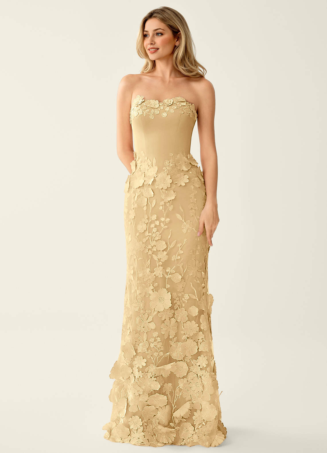 Wrensincia Mermaid Strapless Crystal Linen Satin Evening Dress in Dark Champagne