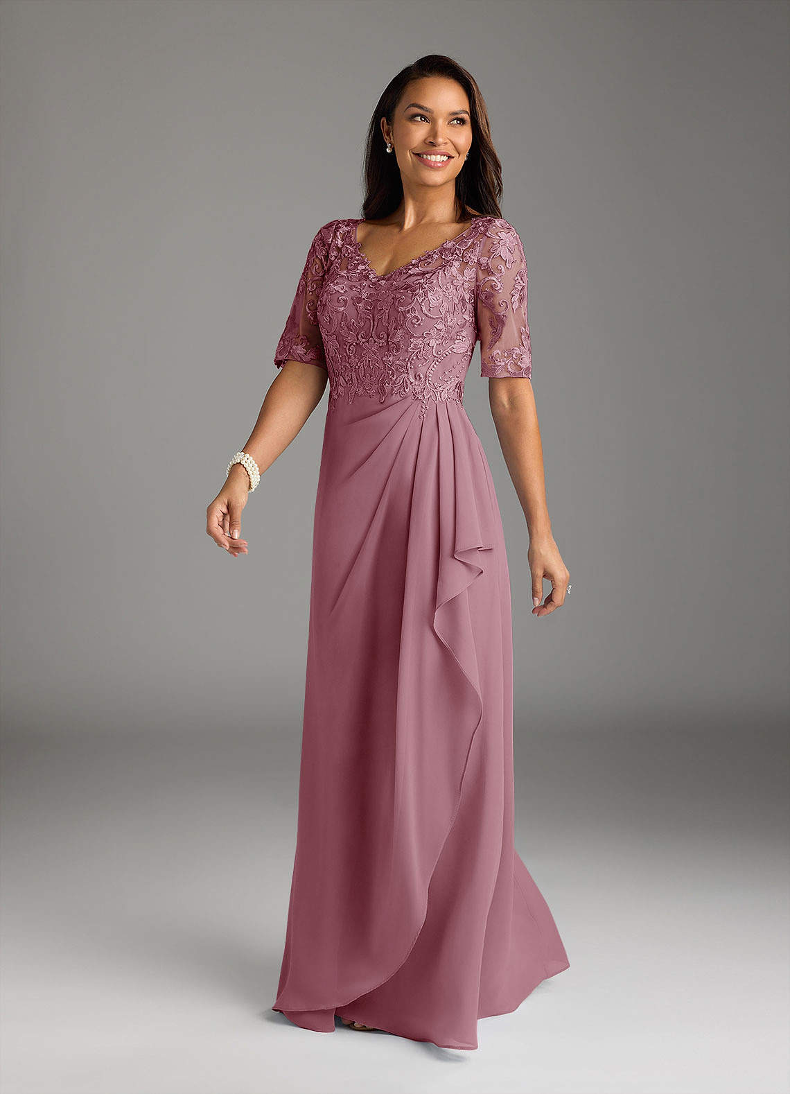 Amedeus A-Line V-Neck Chiffon and Lace Mother of the Bride Dress in Vintage Mauve