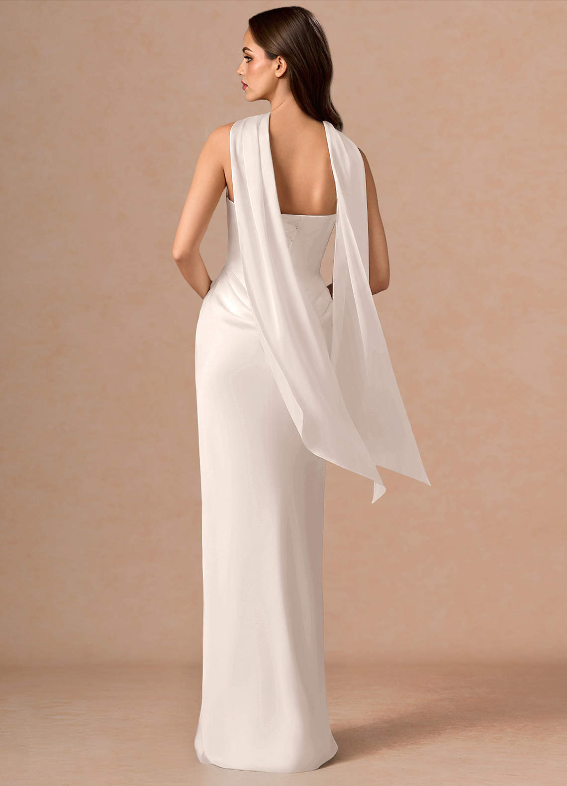 Valencia Scarf Lace-Up Stretch Satin Evening Dress in Cream
