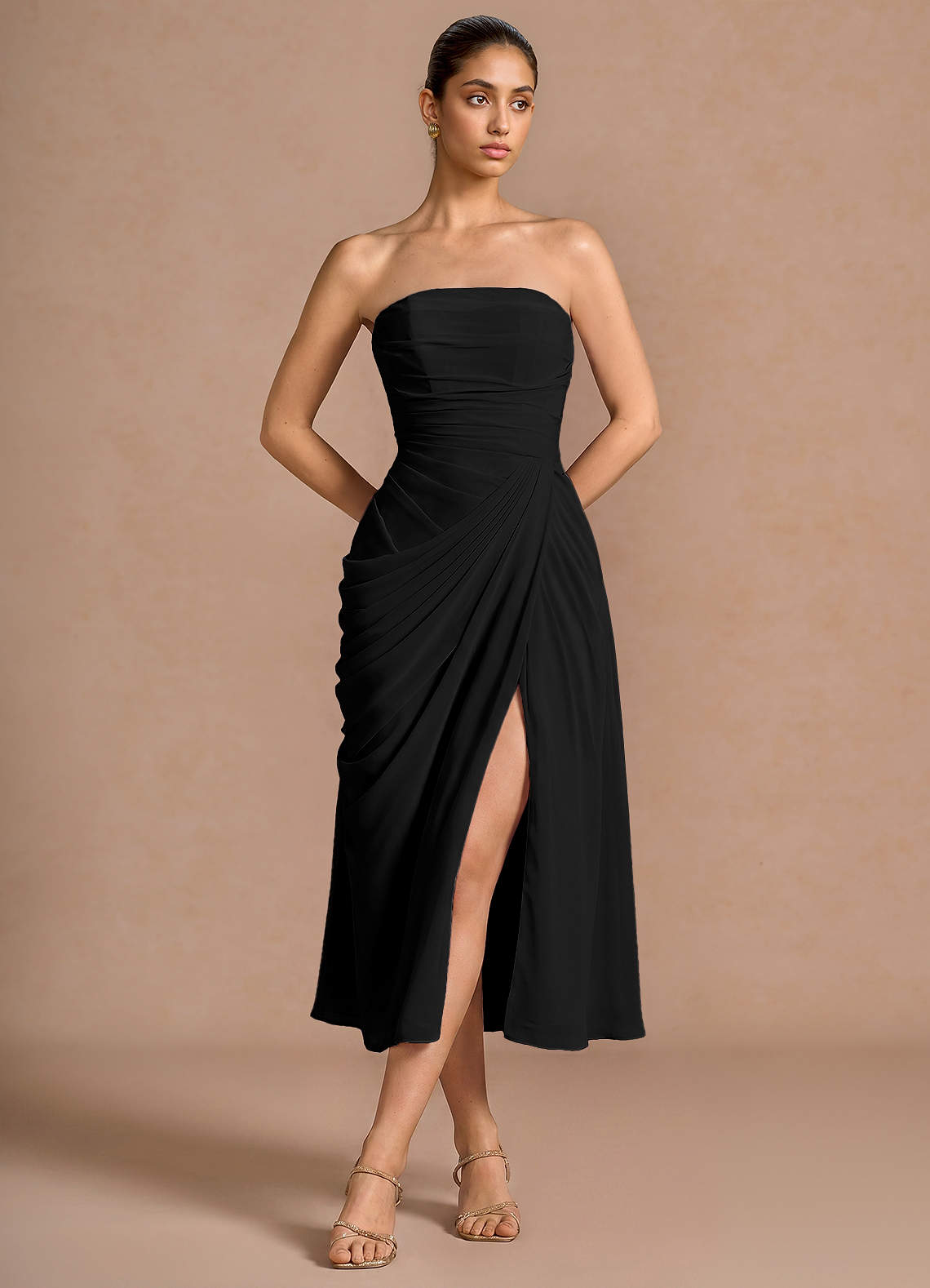 Kaavia Column Pleated Chiffon Midi Evening Dress in Dusty Blue