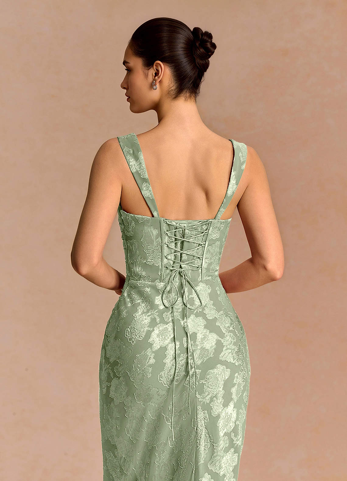 Agustina Square-Neck Pleated Fil Coupé Evening Dress in Light Green