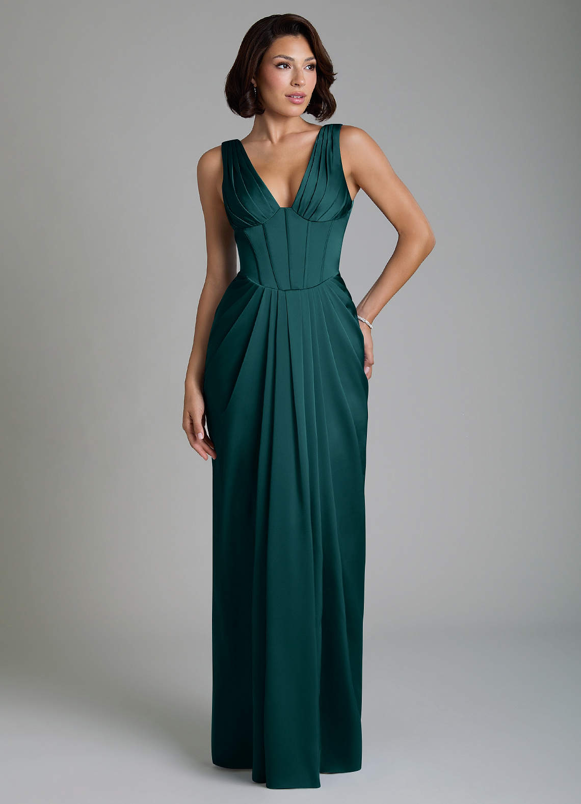 Vanya Sheath V-Neck Stretch Satin Bridesmaid Dress in Pine