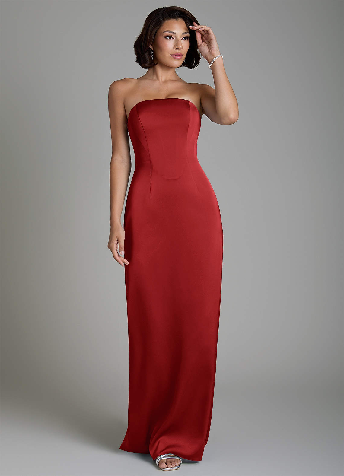 Fallyn Sheath Strapless Stretch Satin Bridesmaid Dress in Pomegranate