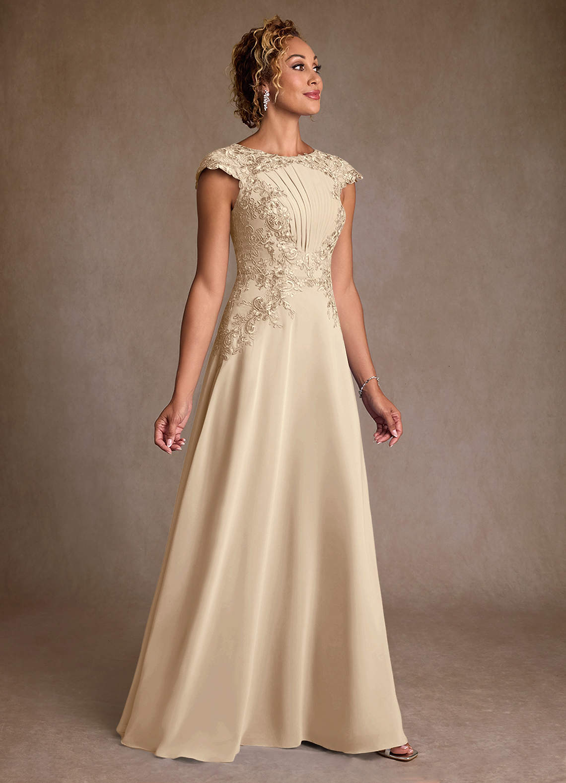 Christi A-Line Scoop-Neck Chiffon and Lace Mother of the Bride Dress in champagne