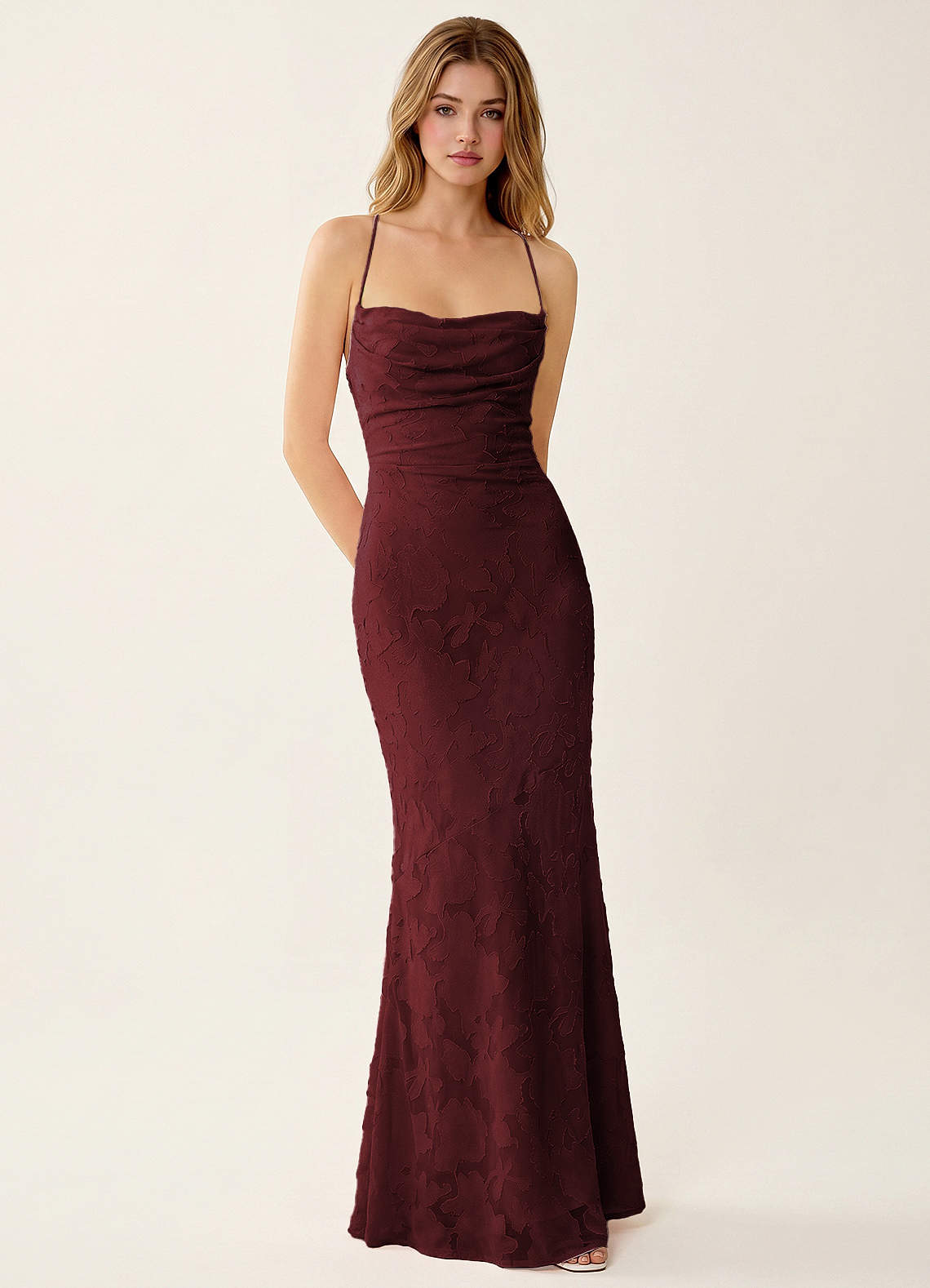 Natasha Mermaid Spaghetti-Strap Floral Burnout Evening Dress in Wine