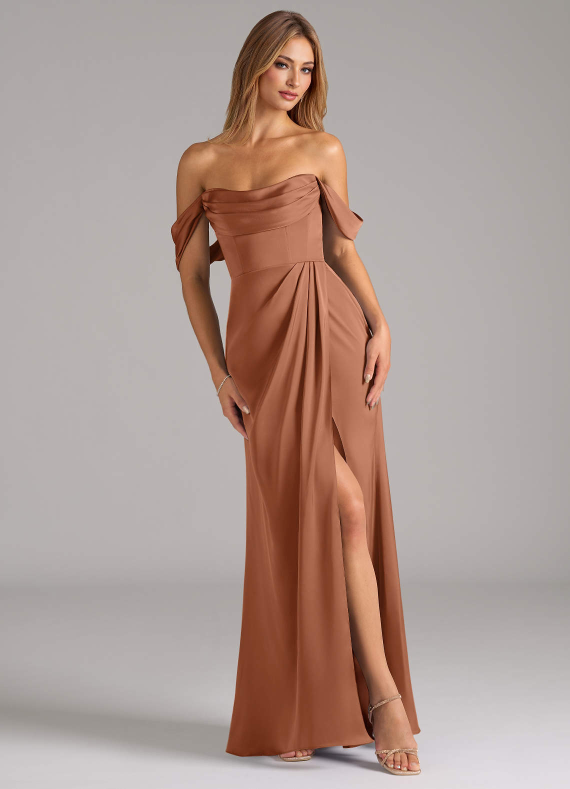 Johana Mermaid Off-the-Shoulder Stretch Satin Bridesmaid Dress in Bronzer