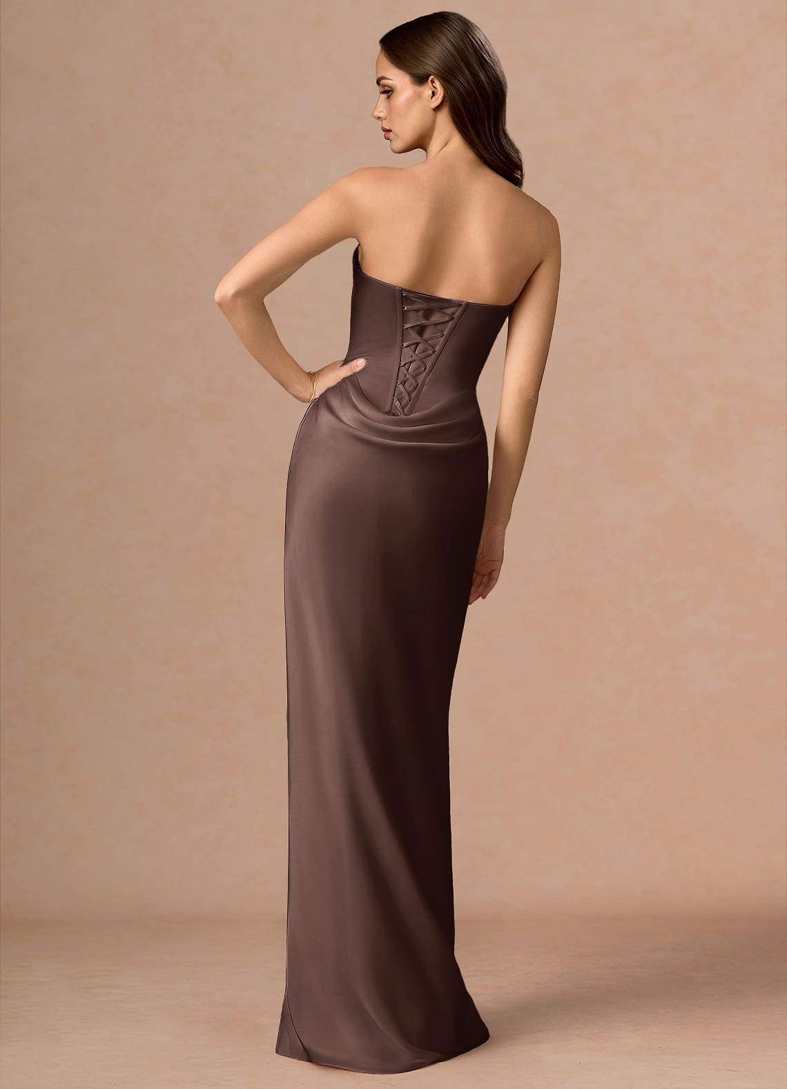 Valencia Scarf Lace-Up Stretch Satin Evening Dress in Truffle