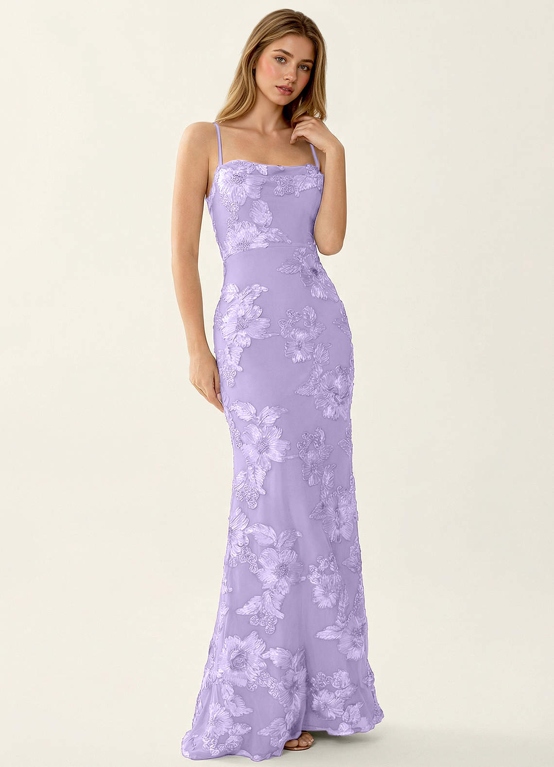 Kailani Mermaid Spaghetti-Strap Lace Evening Dress in Lilac