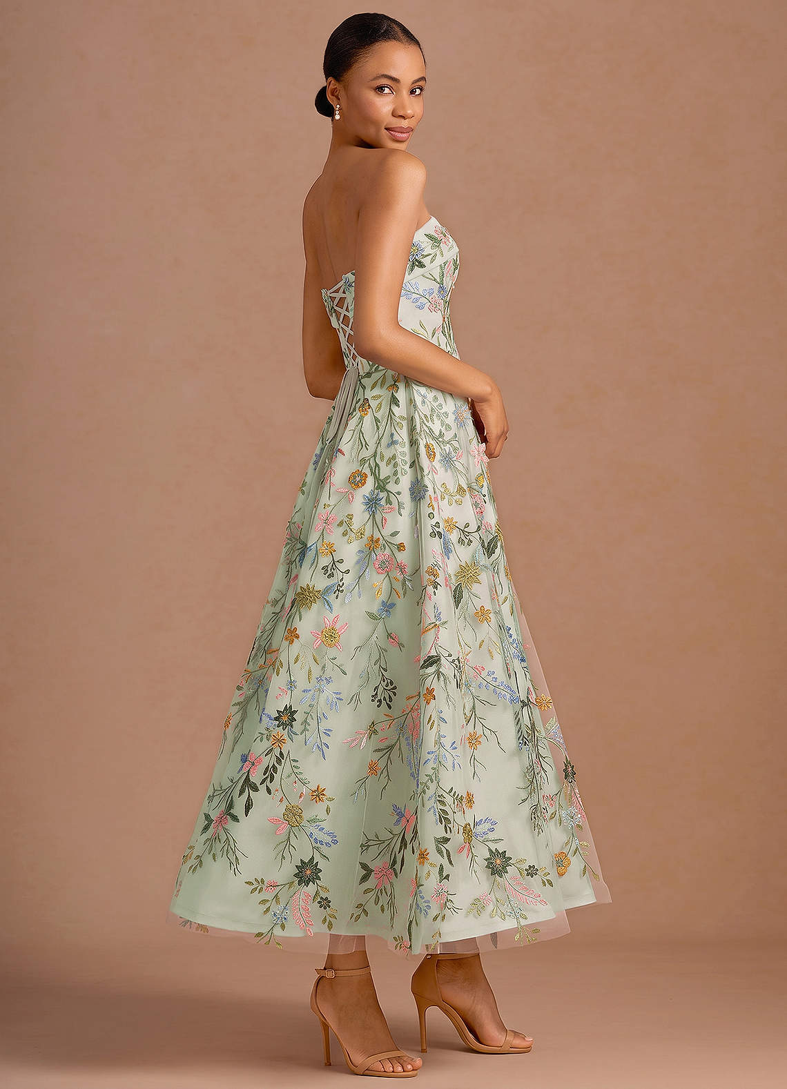 Evangeline Strapless Corset Floral Lace Evening Dress in Light Green