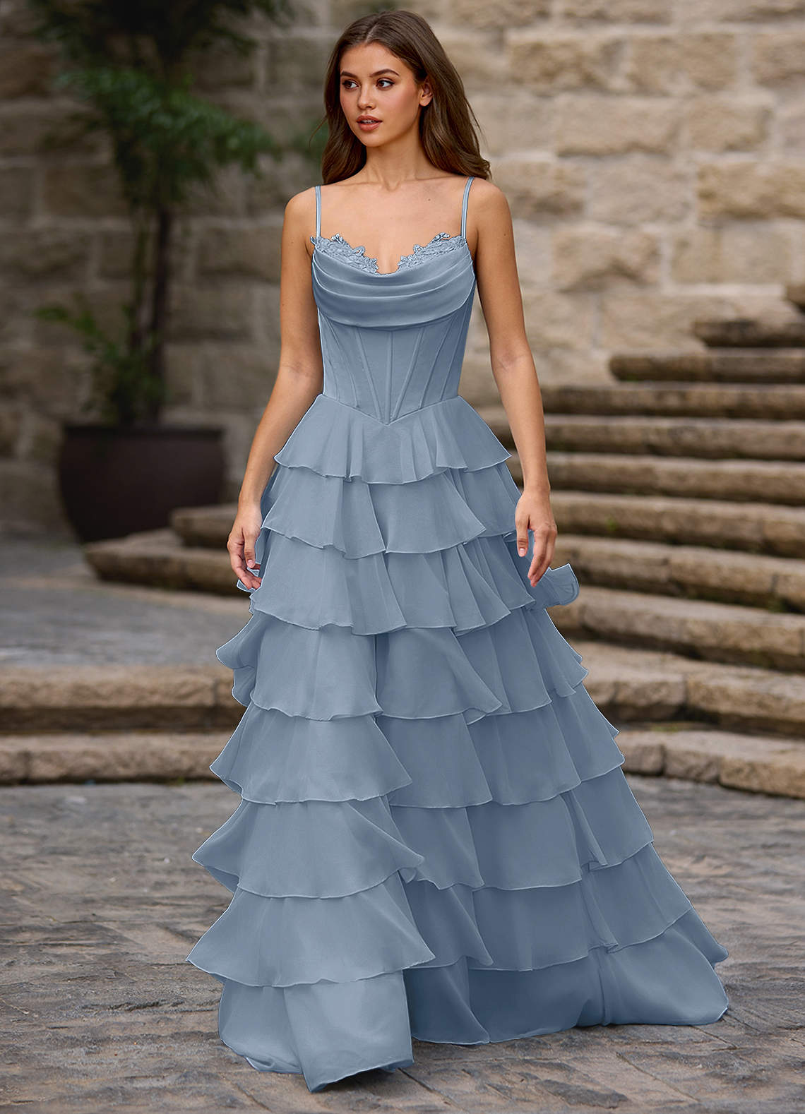 Floralace A-Line Ruffle Chiffon Evening Dress in Vanilla