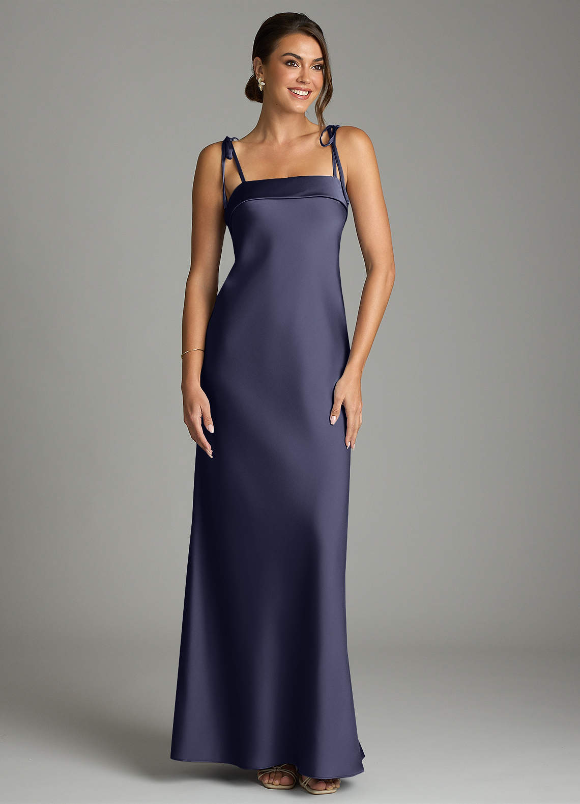Ellia Sheath Straight-Neck Stretch Satin Bridesmaid Dress in Stormy