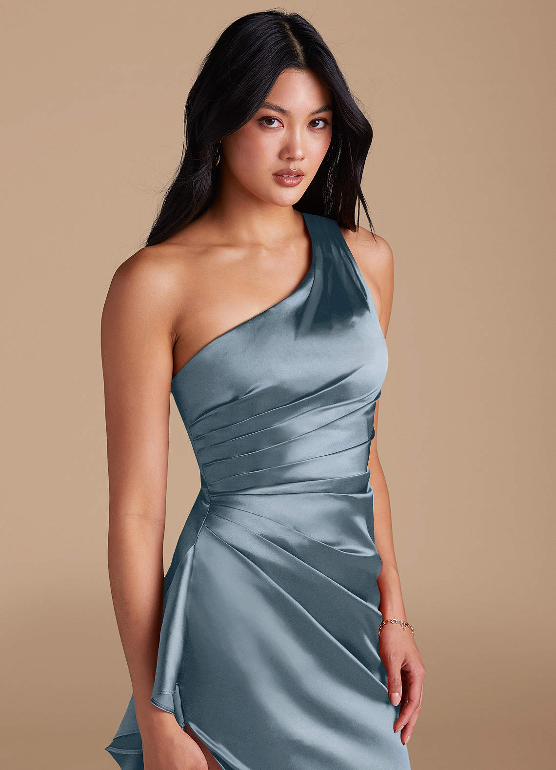Latrice Sheath One-Shoulder Metallic Satin Bridesmaid Dress in Twilight