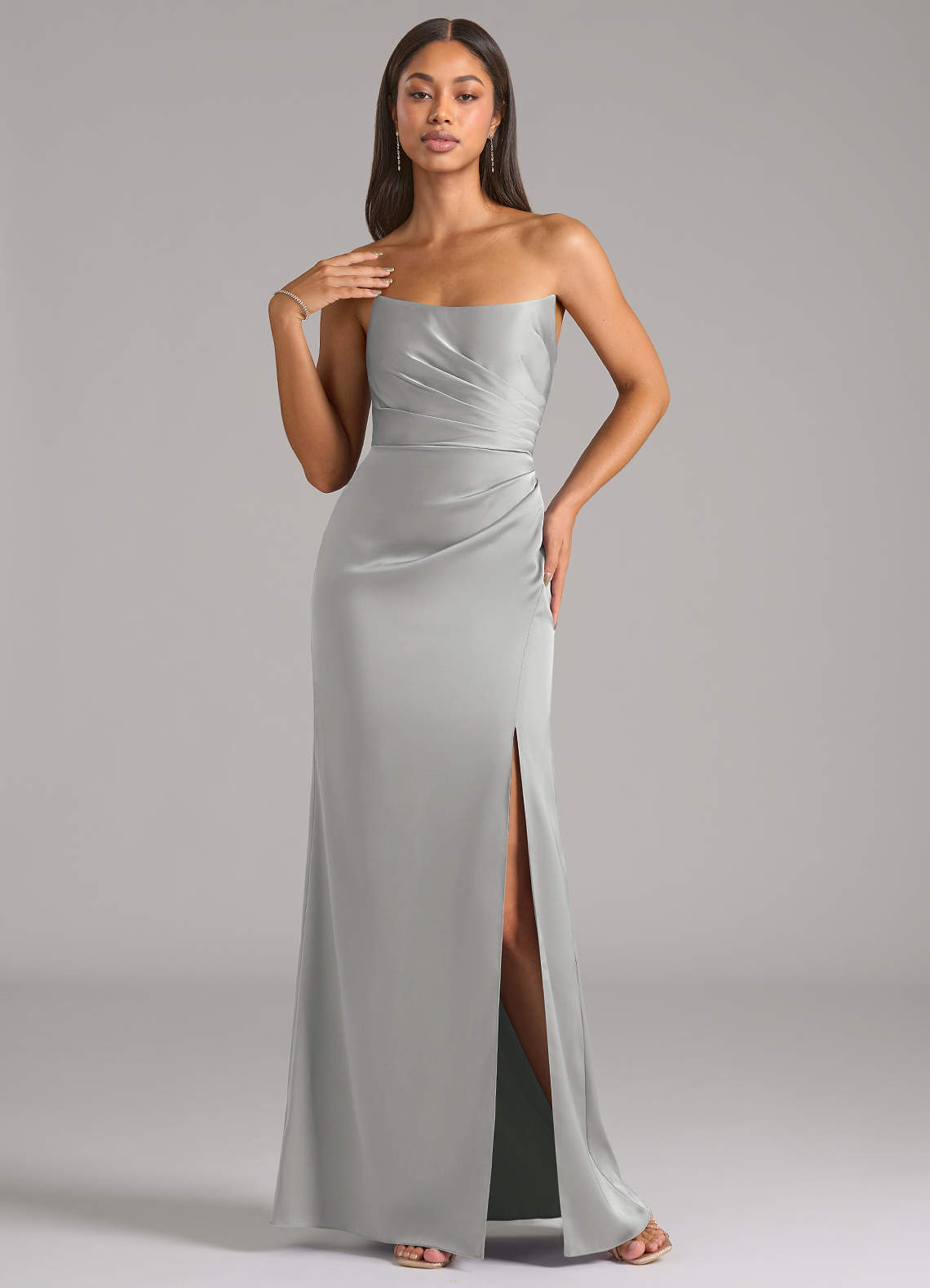 Marla Sheath Strapless Stretch Satin Bridesmaid Dress in Silver