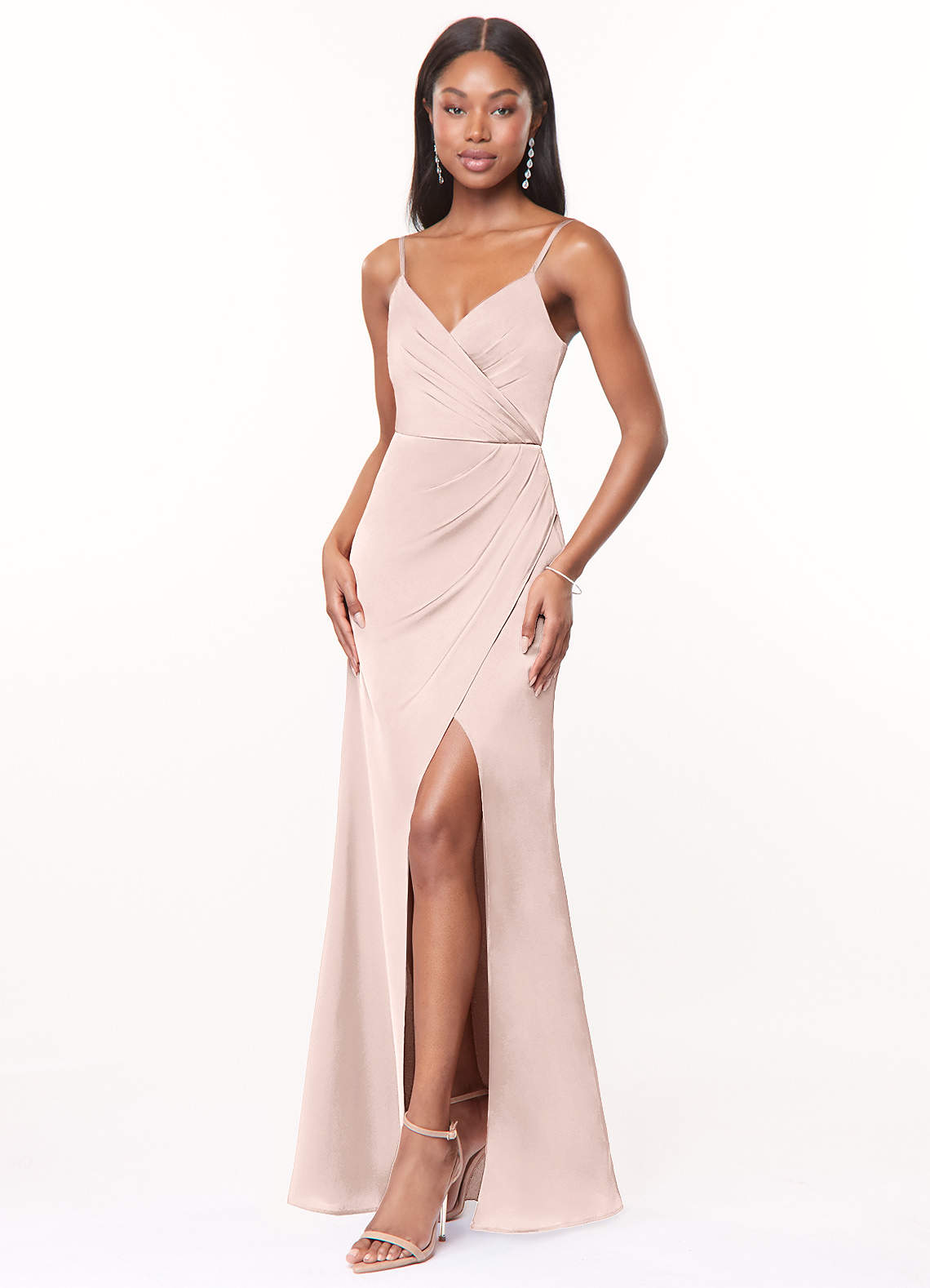 Maci A-Line V-Neck Stretch Satin Bridesmaid Dress in Blushing Pink