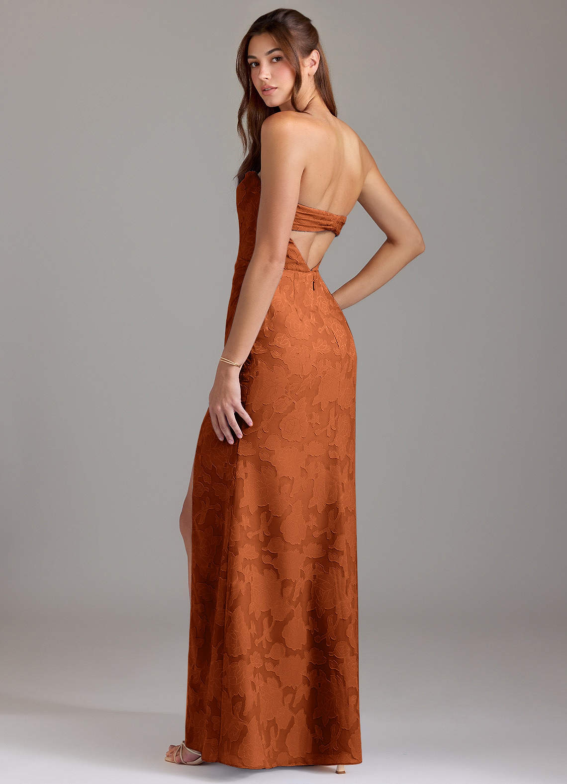 Leonis Sheath Strapless Floral Burnout Bridesmaid Dress in Burnt Orange
