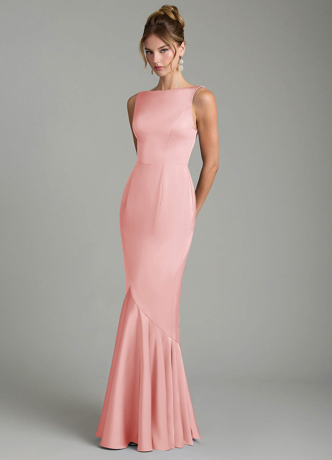 Tamera Mermaid Boat-Neck Stretch Satin and Chiffon Bridesmaid Dress in Powder Pink