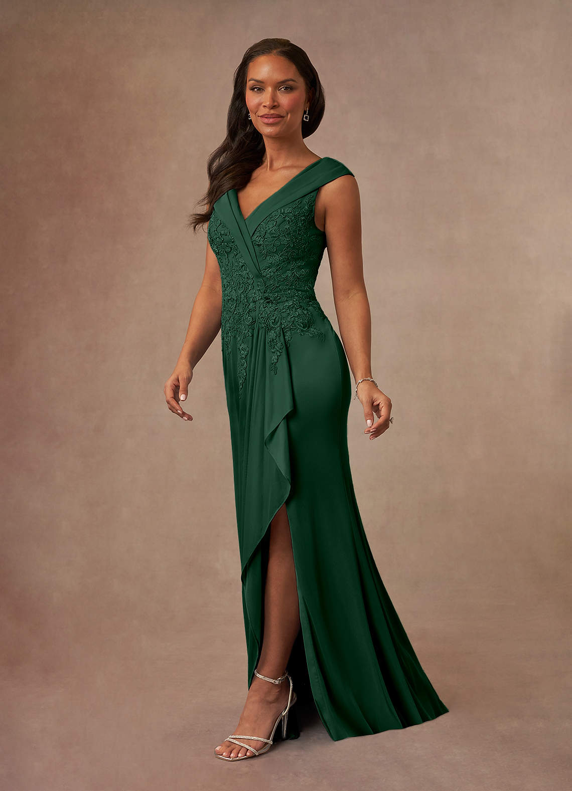 Calathea A-Line V-Neck Lace and Mesh Mother of the Bride Dress in Dark Green