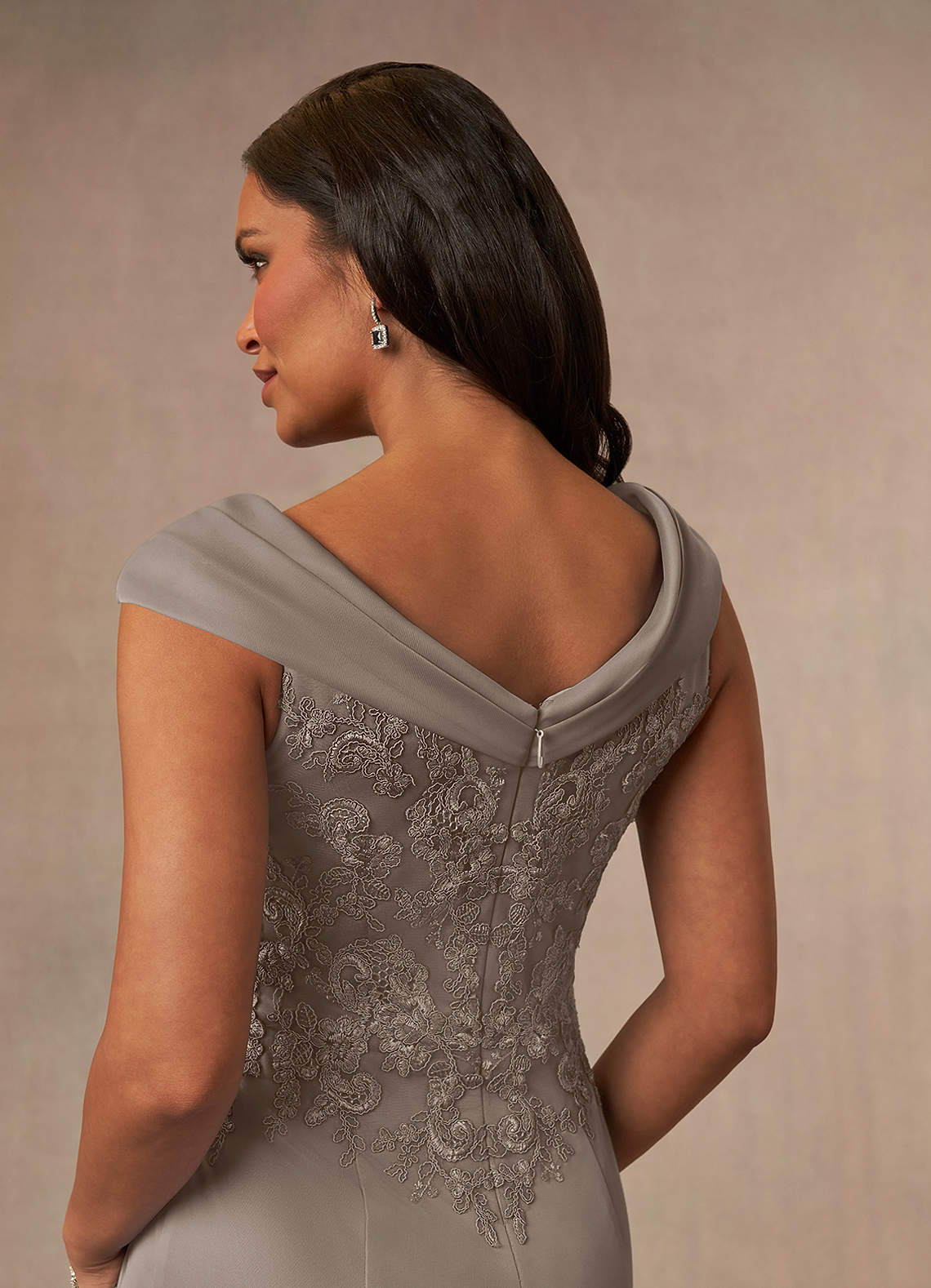 Calathea A-Line V-Neck Lace and Mesh Mother of the Bride Dress in Steel Grey