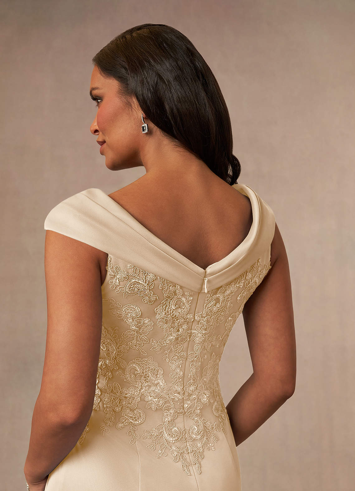 Calathea A-Line V-Neck Lace and Mesh Mother of the Bride Dress in taupe
