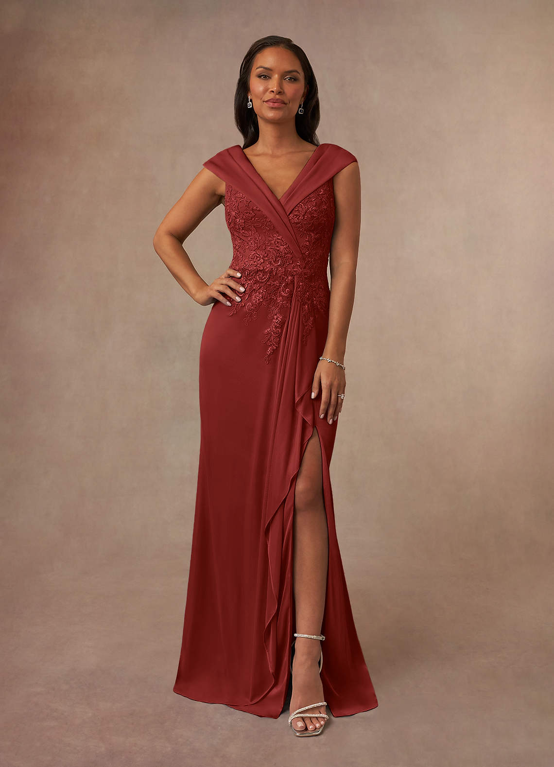 Calathea A-Line V-Neck Lace and Mesh Mother of the Bride Dress in Rust