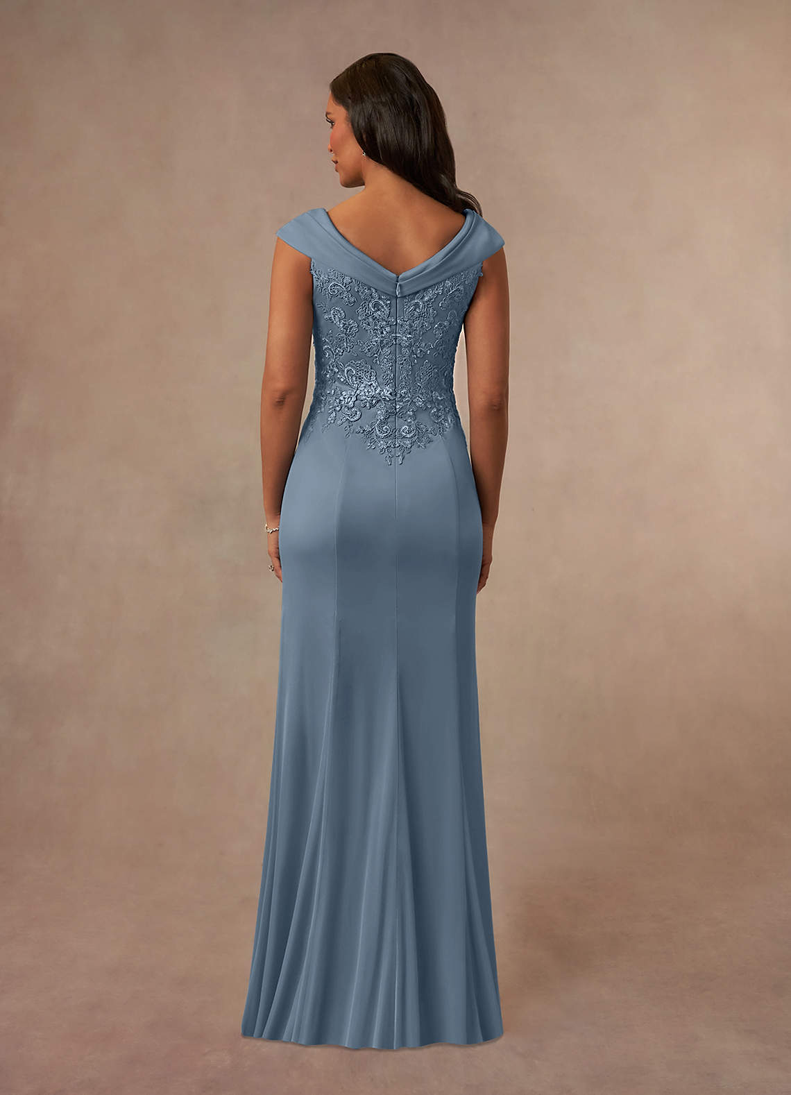 Calathea A-Line V-Neck Lace and Mesh Mother of the Bride Dress in dusty blue