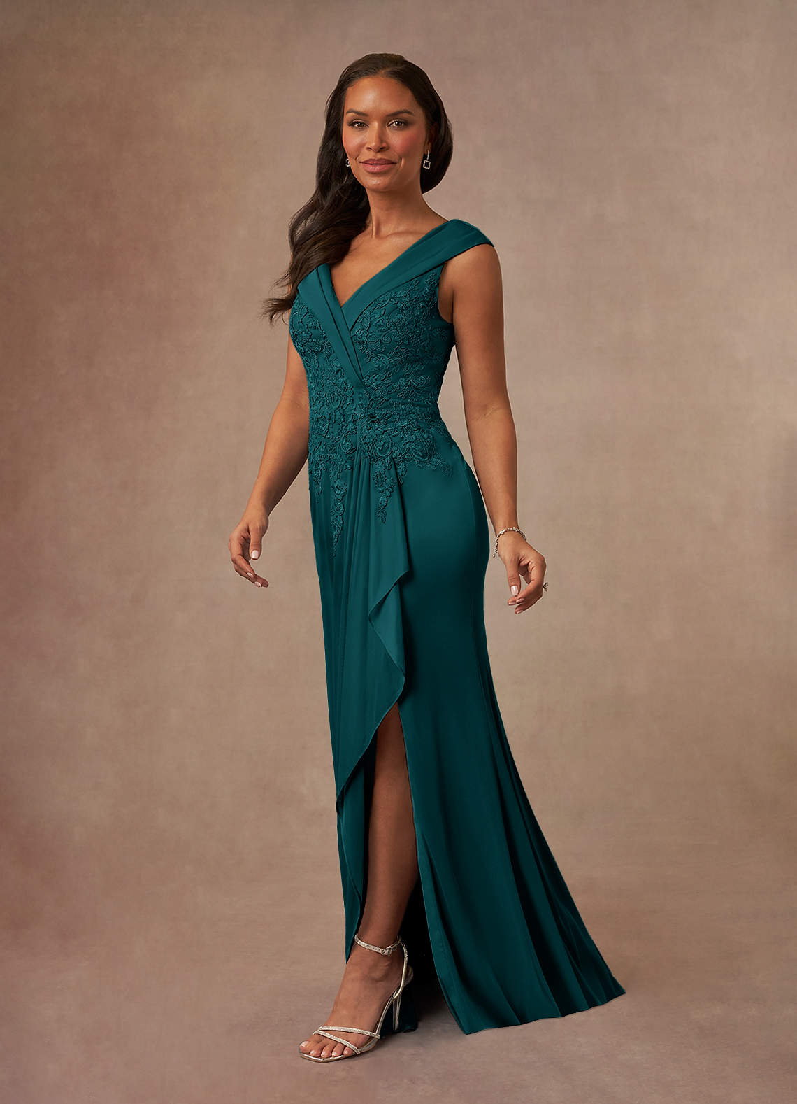 Calathea A-Line V-Neck Lace and Mesh Mother of the Bride Dress in Peacock