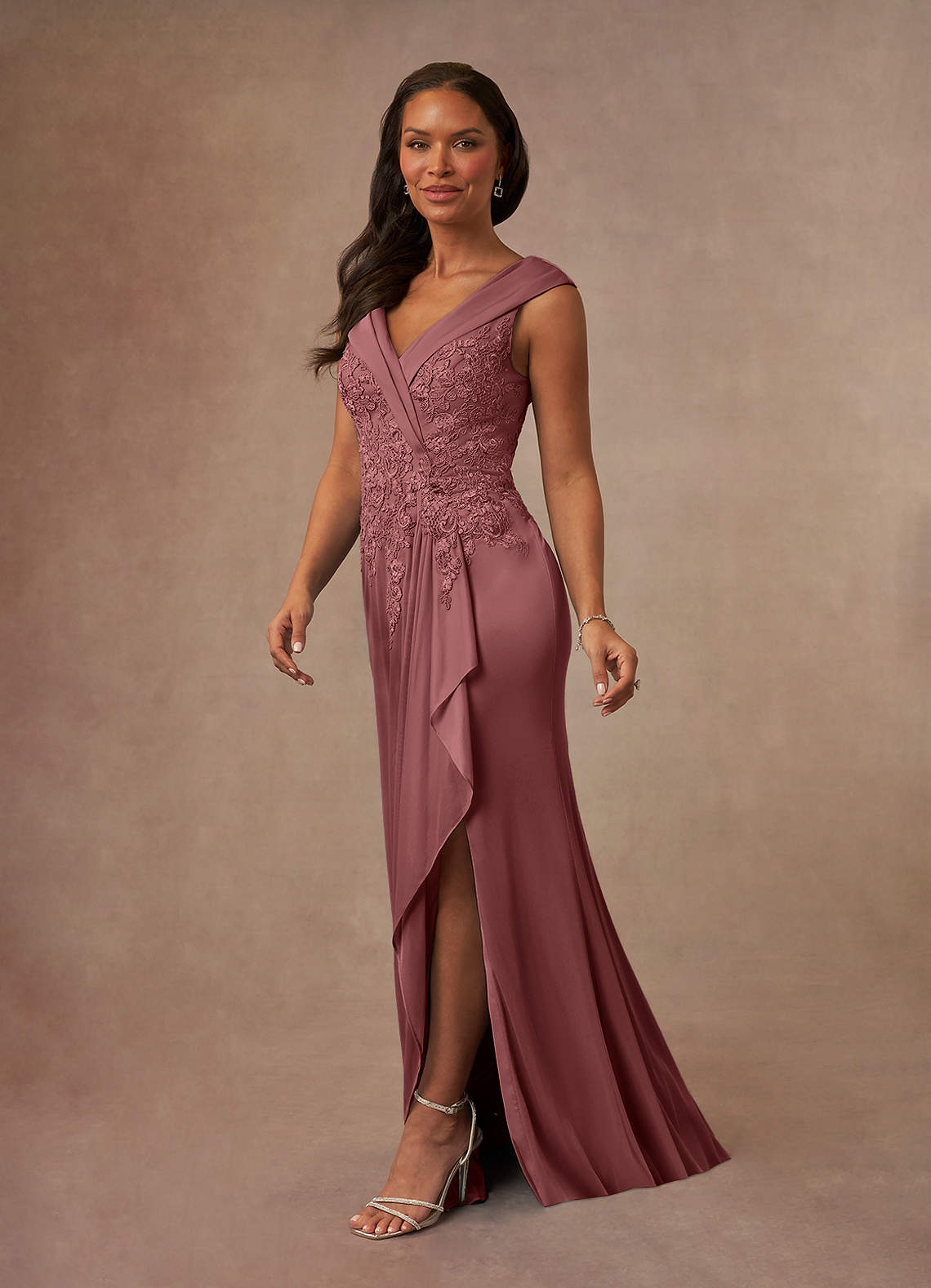 Calathea A-Line V-Neck Lace and Mesh Mother of the Bride Dress in Desert Rose