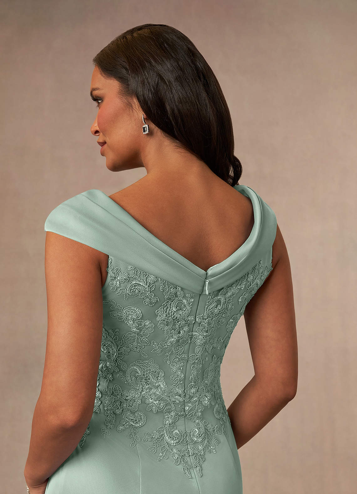 Calathea A-Line V-Neck Lace and Mesh Mother of the Bride Dress in Agave