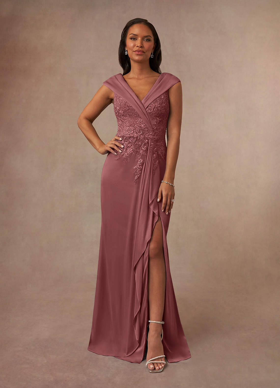 Calathea A-Line V-Neck Lace and Mesh Mother of the Bride Dress in Desert Rose